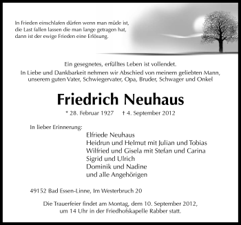 Traueranzeige von Friedrich Neuhaus von Neue Osnabrücker Zeitung GmbH & Co. KG