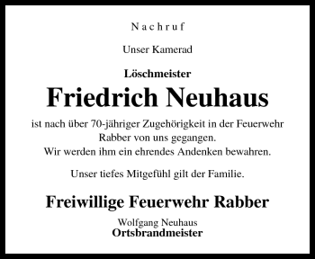 Traueranzeige von Friedrich Neuhaus von Neue Osnabrücker Zeitung GmbH & Co. KG