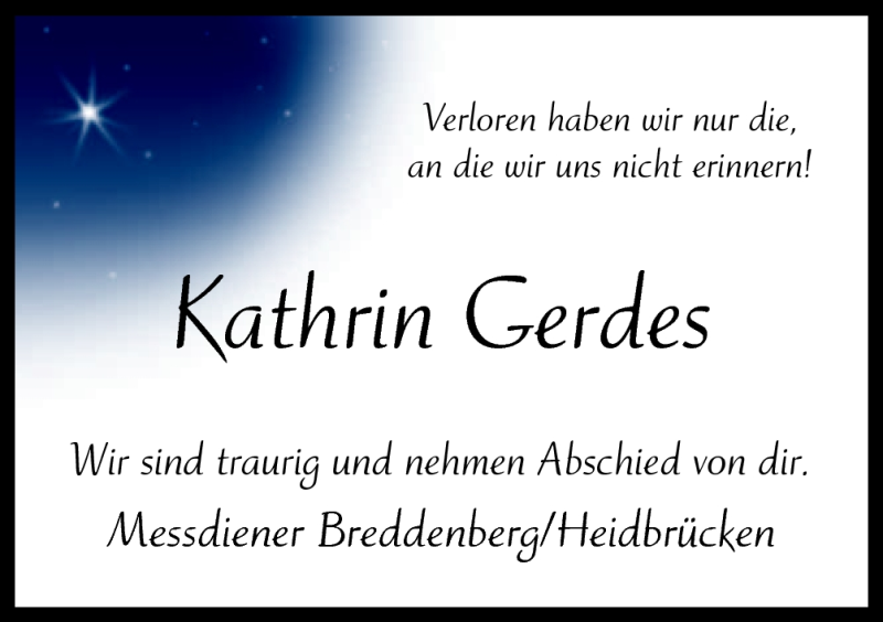  Traueranzeige für Kathrin Gerdes vom 06.09.2012 aus Neue Osnabrücker Zeitung GmbH & Co. KG