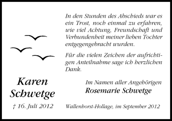 Traueranzeige von Karen Schwetge von Neue Osnabrücker Zeitung GmbH & Co. KG