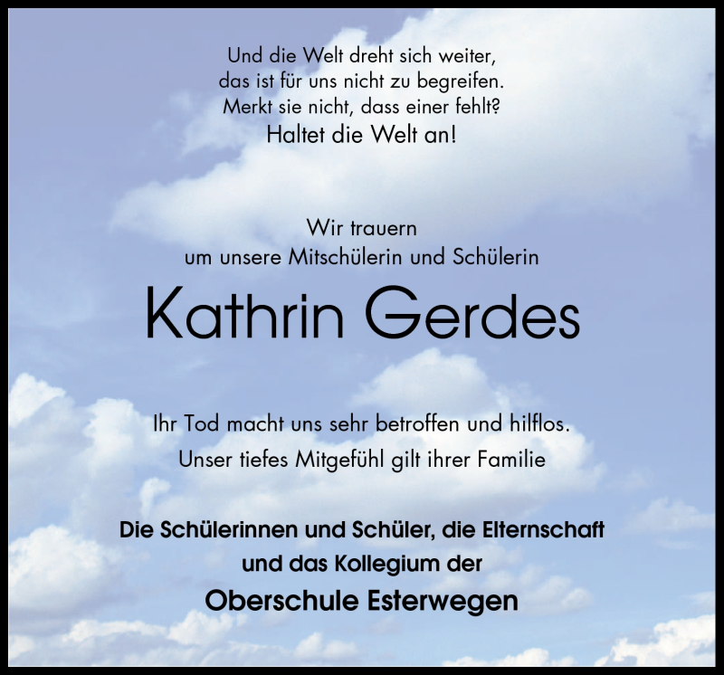  Traueranzeige für Kathrin Gerdes vom 07.09.2012 aus Neue Osnabrücker Zeitung GmbH & Co. KG