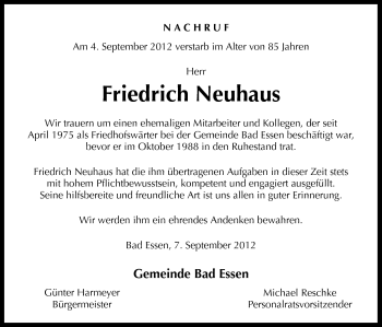 Traueranzeige von Friedrich Neuhaus von Neue Osnabrücker Zeitung GmbH & Co. KG