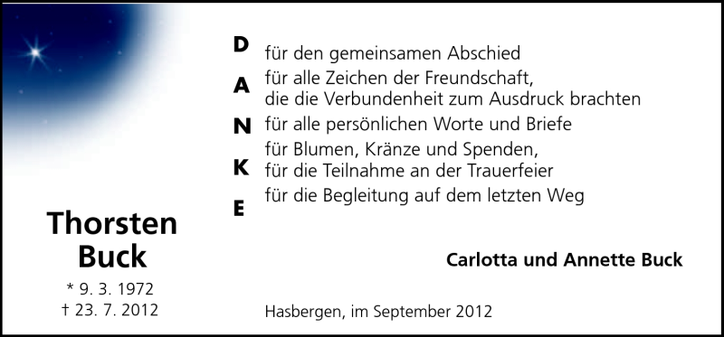  Traueranzeige für Thorsten Buck vom 08.09.2012 aus Neue Osnabrücker Zeitung GmbH & Co. KG