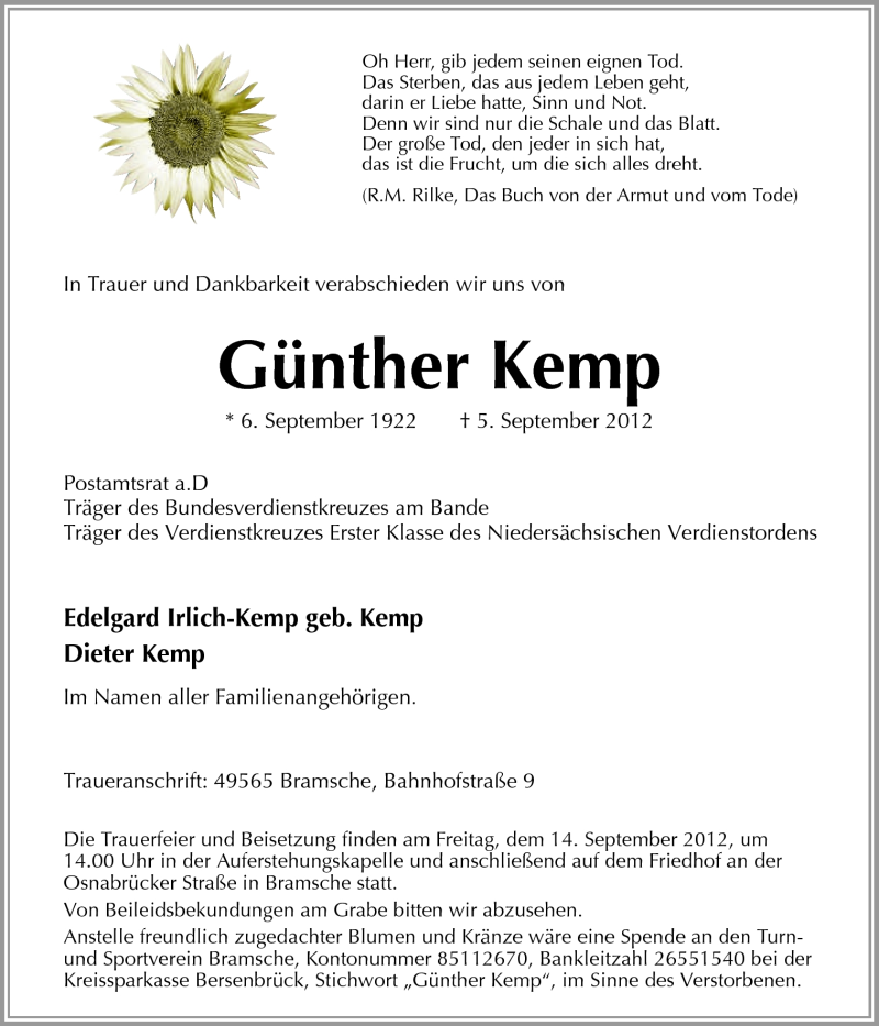  Traueranzeige für Günther Kemp vom 08.09.2012 aus Neue Osnabrücker Zeitung GmbH & Co. KG