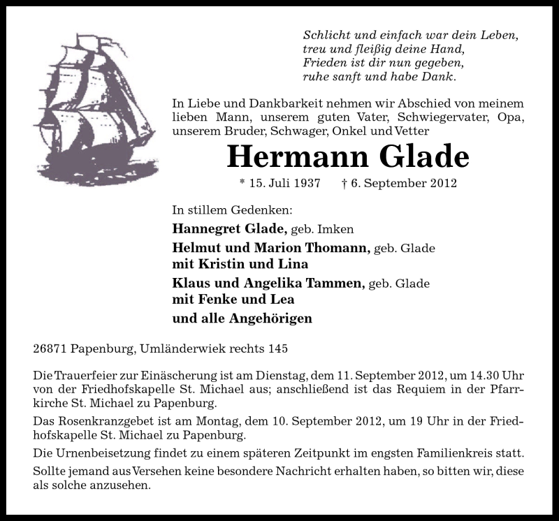  Traueranzeige für Hermann Glade vom 08.09.2012 aus Neue Osnabrücker Zeitung GmbH & Co. KG