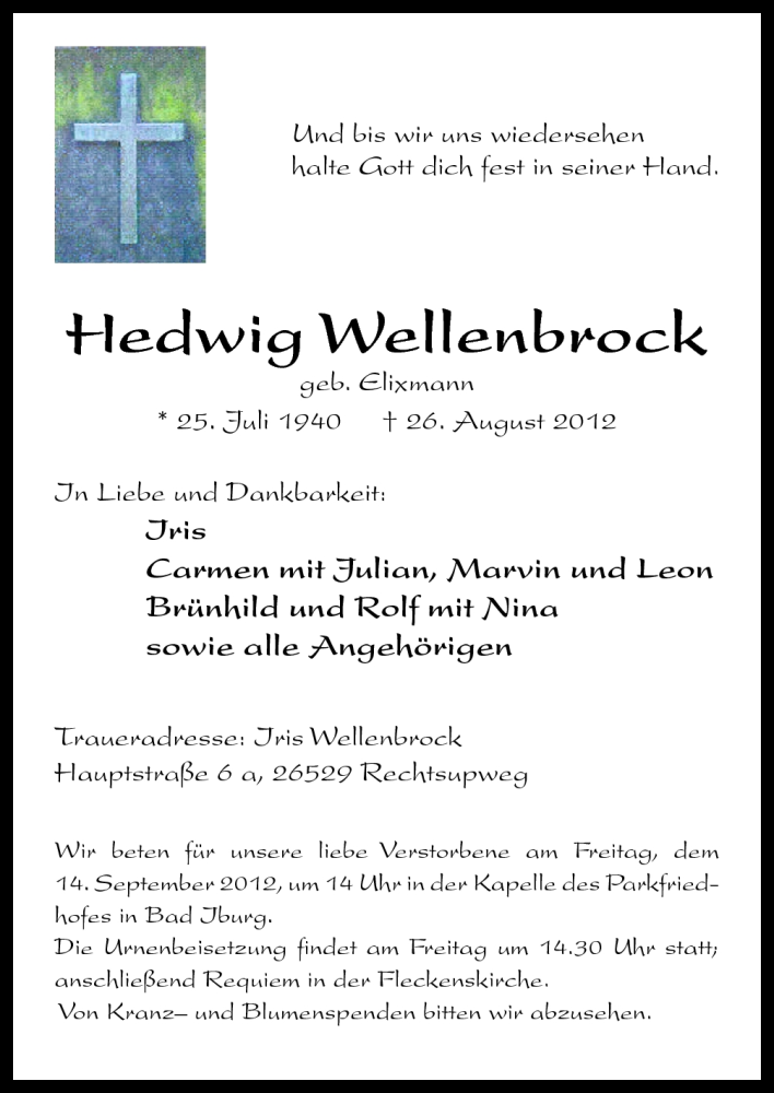  Traueranzeige für Hedwig Wellenbrock vom 10.09.2012 aus Neue Osnabrücker Zeitung GmbH & Co. KG