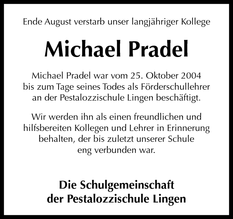  Traueranzeige für Michael Pradel vom 10.09.2012 aus Neue Osnabrücker Zeitung GmbH & Co. KG