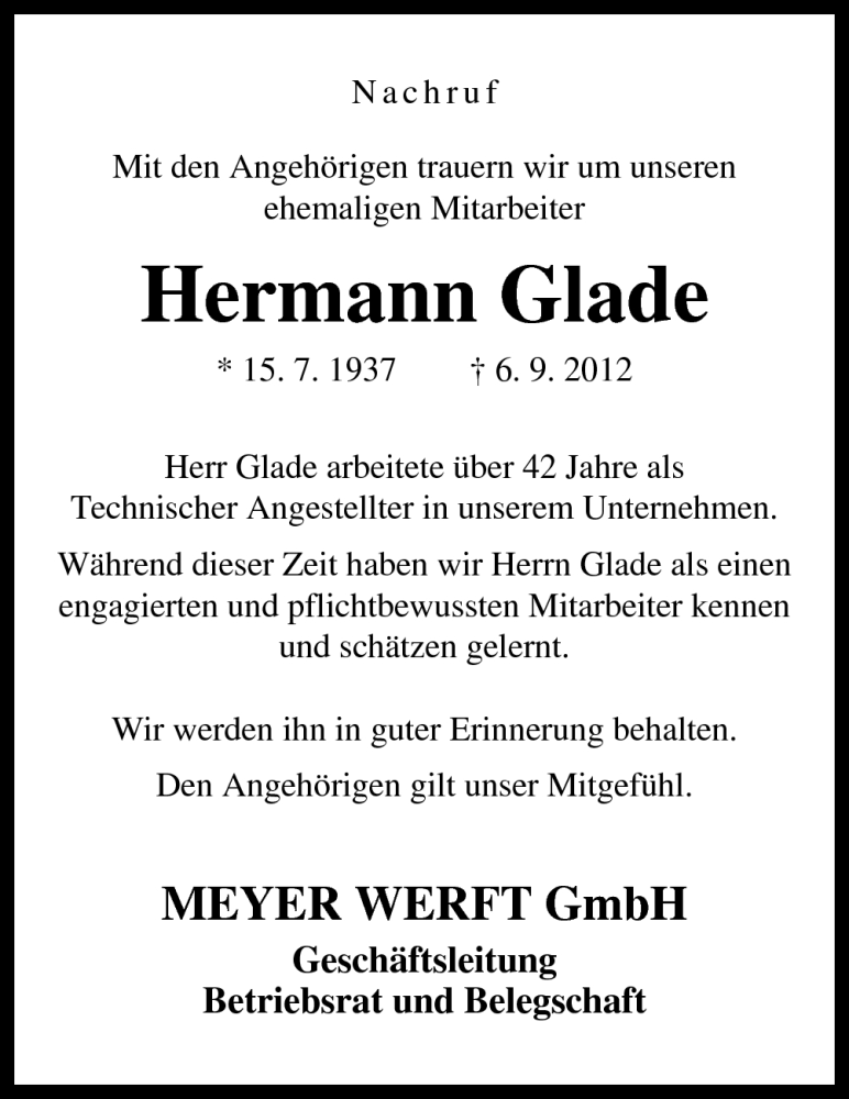  Traueranzeige für Hermann Glade vom 11.09.2012 aus Neue Osnabrücker Zeitung GmbH & Co. KG