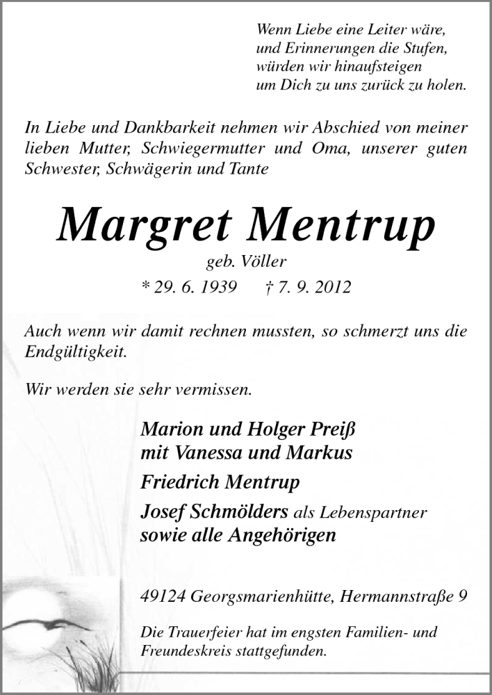 Traueranzeige für Margret Mentrup vom 13.09.2012 aus Neue Osnabrücker Zeitung GmbH & Co. KG