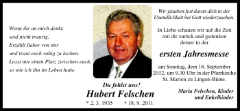 Traueranzeige von Hubert Felschen von Neue Osnabrücker Zeitung GmbH & Co. KG