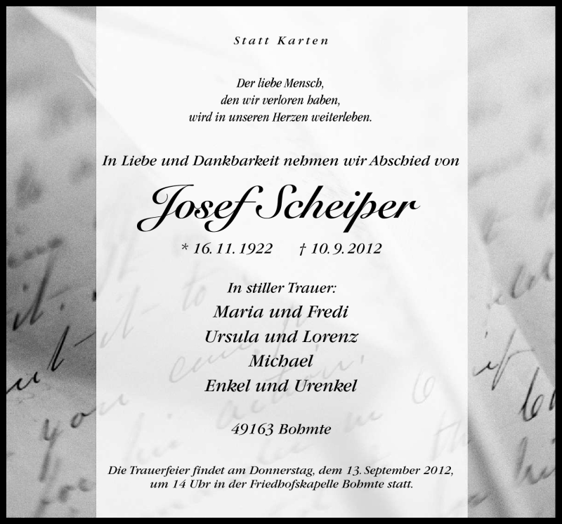  Traueranzeige für Josef Scheiper vom 12.09.2012 aus Neue Osnabrücker Zeitung GmbH & Co. KG