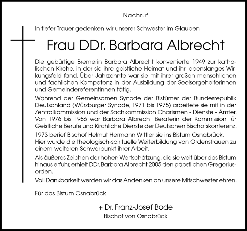  Traueranzeige für Barbara Albrecht vom 12.09.2012 aus Neue Osnabrücker Zeitung GmbH & Co. KG