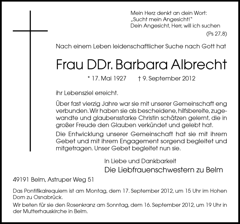  Traueranzeige für Barbara Albrecht vom 12.09.2012 aus Neue Osnabrücker Zeitung GmbH & Co. KG