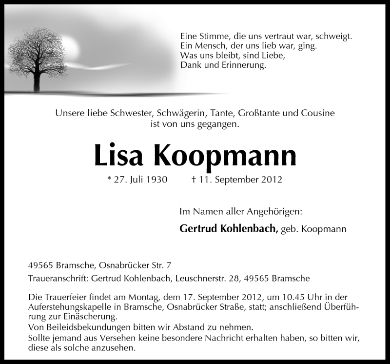  Traueranzeige für Lisa Koopmann vom 14.09.2012 aus Neue Osnabrücker Zeitung GmbH & Co. KG