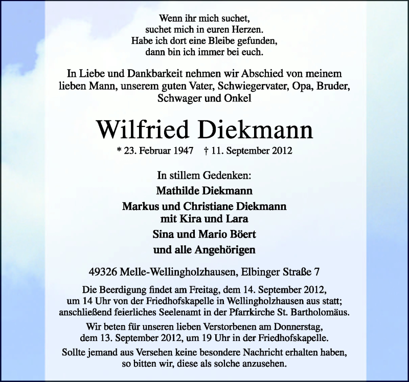  Traueranzeige für Wilfried Diekmann vom 13.09.2012 aus Neue Osnabrücker Zeitung GmbH & Co. KG