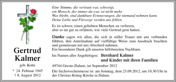 Traueranzeige von Gertrud Kalmer von Neue Osnabrücker Zeitung GmbH & Co. KG