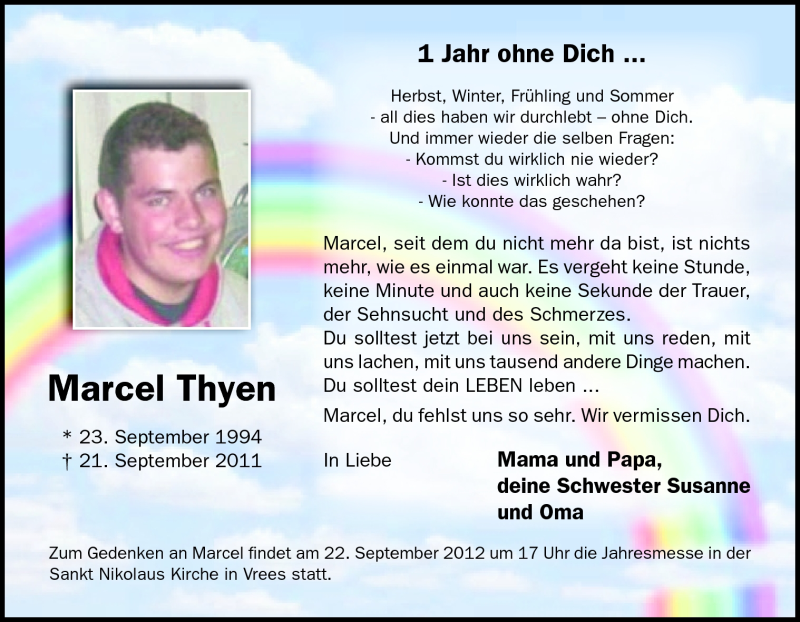  Traueranzeige für Marcel Thyen vom 21.09.2012 aus Neue Osnabrücker Zeitung GmbH & Co. KG