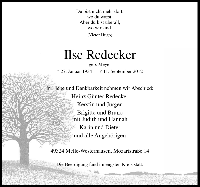  Traueranzeige für Ilse Redecker vom 19.09.2012 aus Neue Osnabrücker Zeitung GmbH & Co. KG