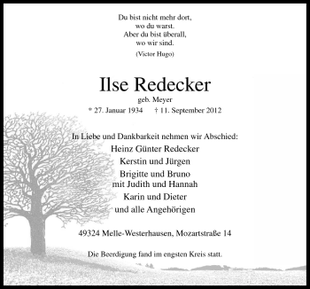 Traueranzeige von Ilse Redecker von Neue Osnabrücker Zeitung GmbH & Co. KG