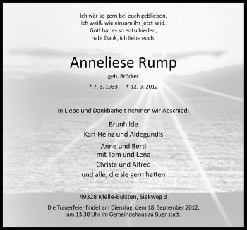 Traueranzeige von Anneliese Rump von Neue Osnabrücker Zeitung GmbH & Co. KG