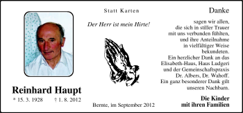 Traueranzeige von Reinhard Haupt von Neue Osnabrücker Zeitung GmbH & Co. KG