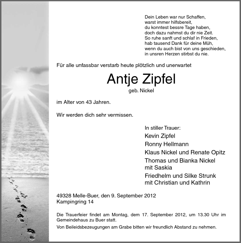  Traueranzeige für Antje Zipfel vom 15.09.2012 aus Neue Osnabrücker Zeitung GmbH & Co. KG