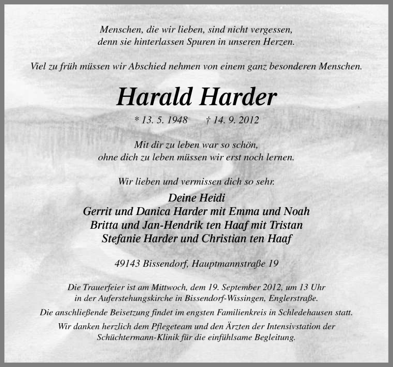  Traueranzeige für Harald Harder vom 15.09.2012 aus Neue Osnabrücker Zeitung GmbH & Co. KG
