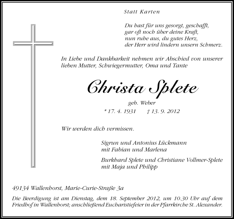  Traueranzeige für Christa Splete vom 15.09.2012 aus Neue Osnabrücker Zeitung GmbH & Co. KG