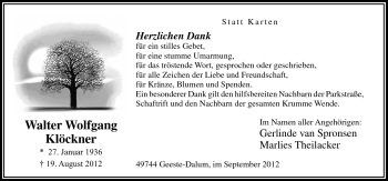 Traueranzeige von Walter Wolfgang Klöckner von Neue Osnabrücker Zeitung GmbH & Co. KG