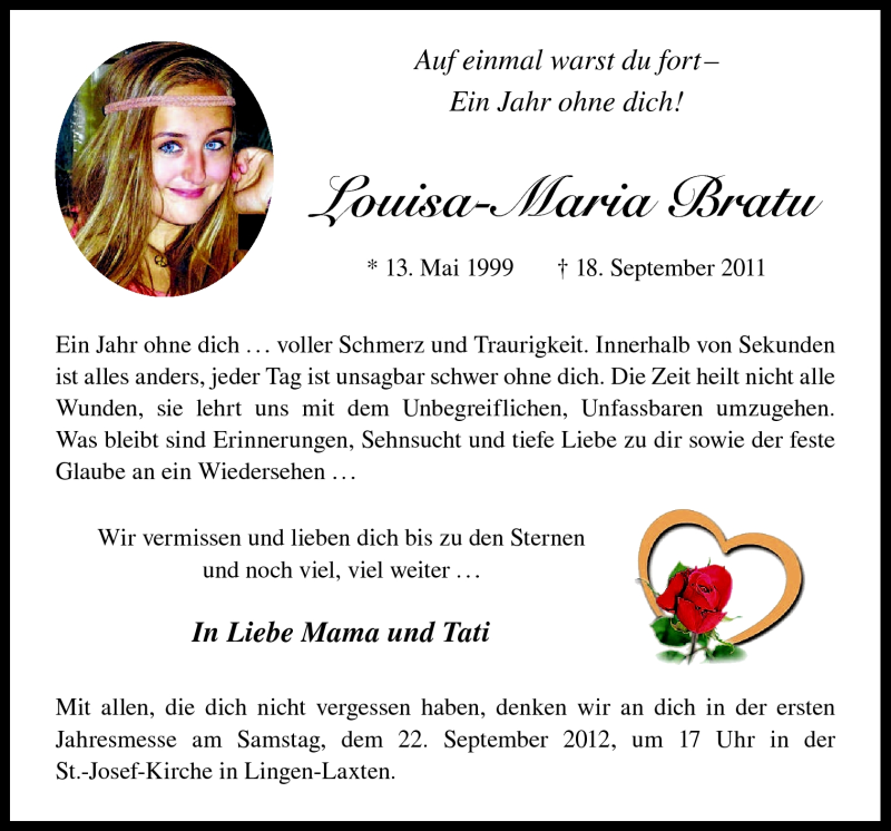  Traueranzeige für Louisa-Maria Bratu vom 18.09.2012 aus Neue Osnabrücker Zeitung GmbH & Co. KG