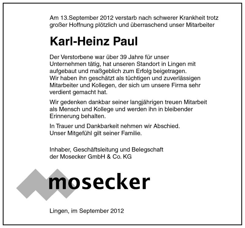  Traueranzeige für Karl-Heinz Paul vom 17.09.2012 aus Neue Osnabrücker Zeitung GmbH & Co. KG