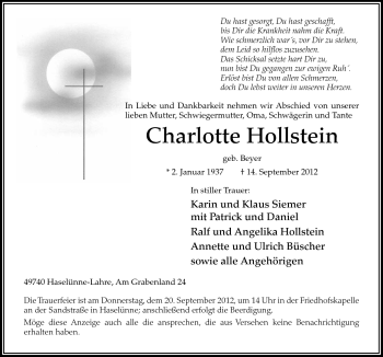 Traueranzeige von Charlotte Hollstein von Neue Osnabrücker Zeitung GmbH & Co. KG