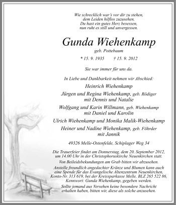 Traueranzeige von Gunda Wiehenkamp von Neue Osnabrücker Zeitung GmbH & Co. KG