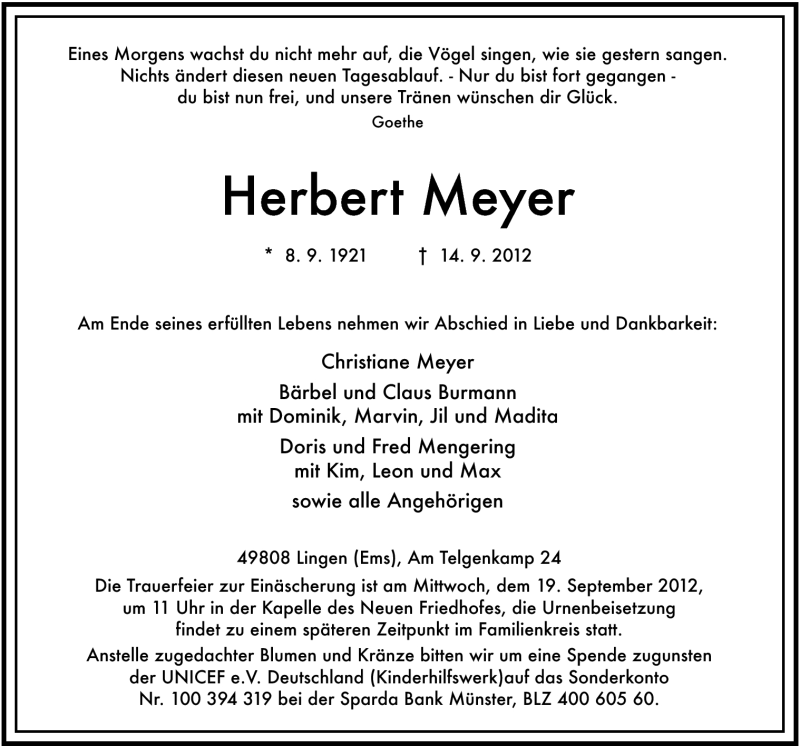  Traueranzeige für Herbert Meyer vom 18.09.2012 aus Neue Osnabrücker Zeitung GmbH & Co. KG
