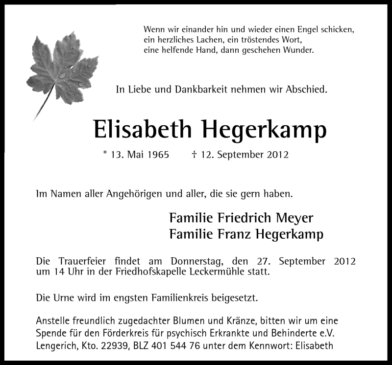  Traueranzeige für Elisabeth Hegerkamp vom 18.09.2012 aus Neue Osnabrücker Zeitung GmbH & Co. KG