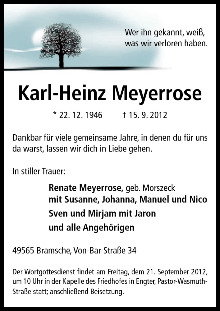  Traueranzeige für Karl-Heinz Meyerrose vom 18.09.2012 aus Neue Osnabrücker Zeitung GmbH & Co. KG