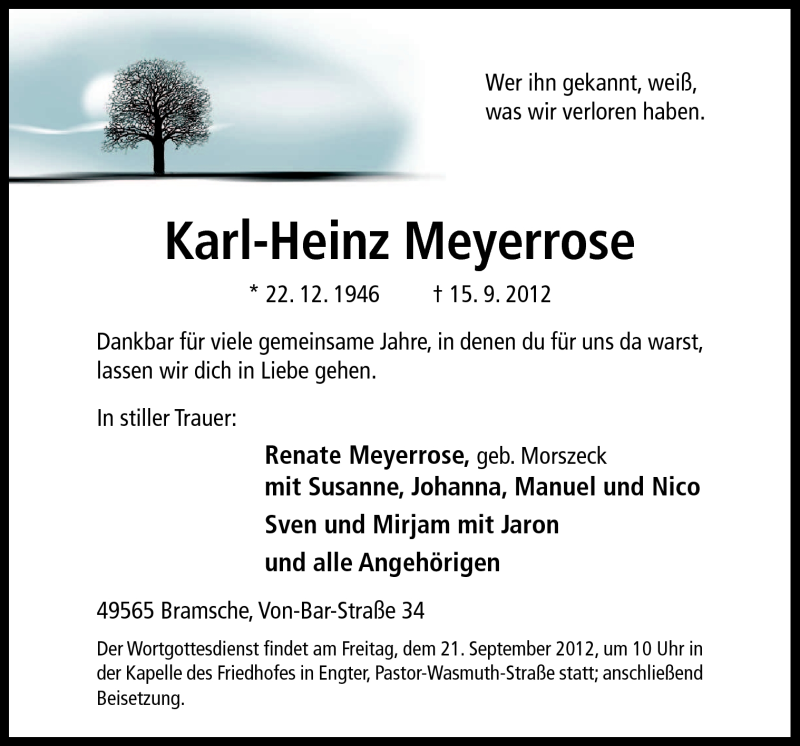  Traueranzeige für Karl-Heinz Meyerrose vom 19.09.2012 aus Neue Osnabrücker Zeitung GmbH & Co. KG