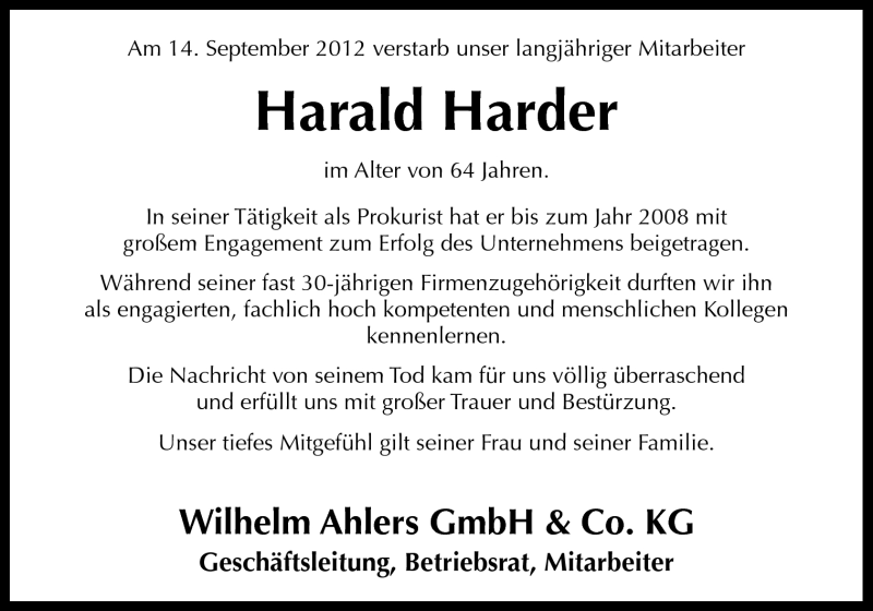  Traueranzeige für Harald Harder vom 19.09.2012 aus Neue Osnabrücker Zeitung GmbH & Co. KG