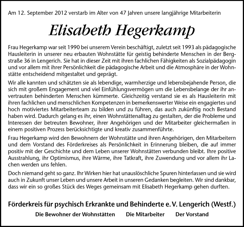  Traueranzeige für Elisabeth Hegerkamp vom 22.09.2012 aus Neue Osnabrücker Zeitung GmbH & Co. KG
