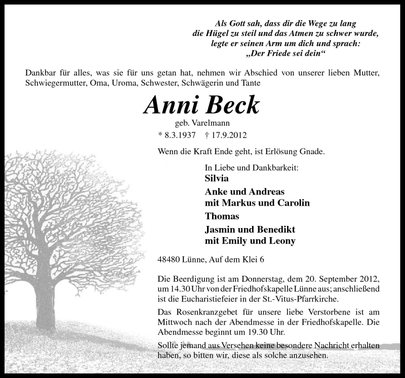  Traueranzeige für Anni Beck vom 19.09.2012 aus Neue Osnabrücker Zeitung GmbH & Co. KG