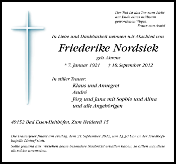Traueranzeige von Friederike Nordsiek von Neue Osnabrücker Zeitung GmbH & Co. KG