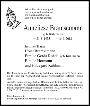 Traueranzeige von Anneliese Bramsemann von Neue Osnabrücker Zeitung GmbH & Co. KG