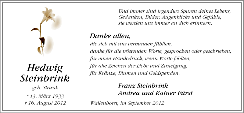  Traueranzeige für Hedwig Steinbrink vom 29.09.2012 aus Neue Osnabrücker Zeitung GmbH & Co. KG