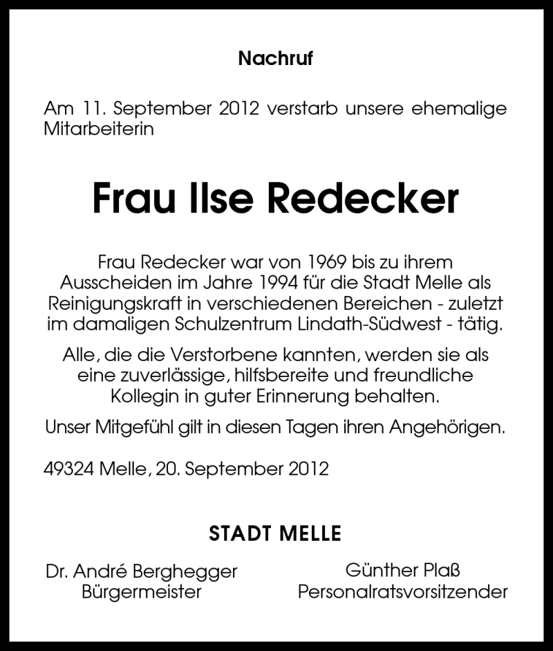  Traueranzeige für Ilse Redecker vom 20.09.2012 aus Neue Osnabrücker Zeitung GmbH & Co. KG