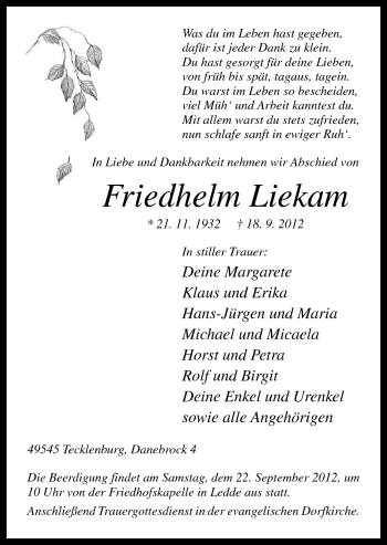 Traueranzeige von Friedhelm Liekam von Neue Osnabrücker Zeitung GmbH & Co. KG