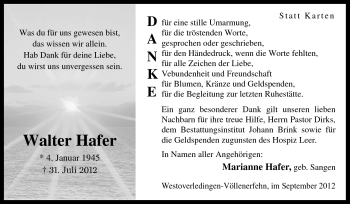 Traueranzeige von Walter Hafer von Neue Osnabrücker Zeitung GmbH & Co. KG