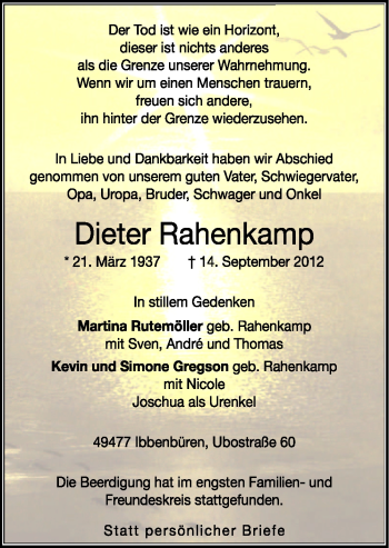 Traueranzeige von Dieter Rahenkamp von Neue Osnabrücker Zeitung GmbH & Co. KG