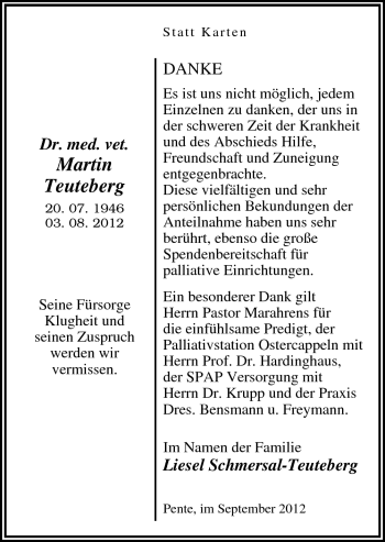 Traueranzeige von Martin Dr. med. vet.Teuteberg von Neue Osnabrücker Zeitung GmbH & Co. KG