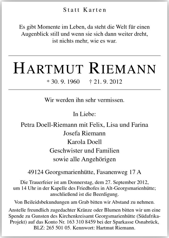  Traueranzeige für Hartmut Riemann vom 22.09.2012 aus Neue Osnabrücker Zeitung GmbH & Co. KG