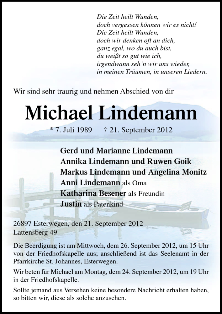  Traueranzeige für Michael Lindemann vom 24.09.2012 aus Neue Osnabrücker Zeitung GmbH & Co. KG